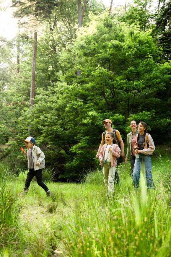 Gezin wandelt samen in de natuur tijdens een kampeerreis met de caravan