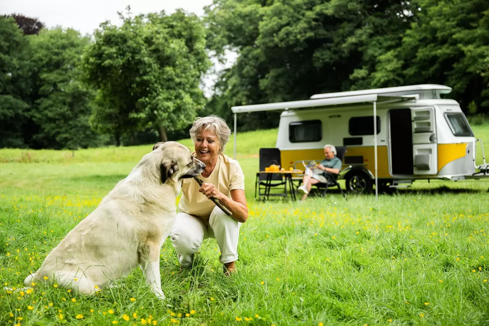 Vrouw geniet van rust op een kleine camping met haar hond en camper op de achtergrond