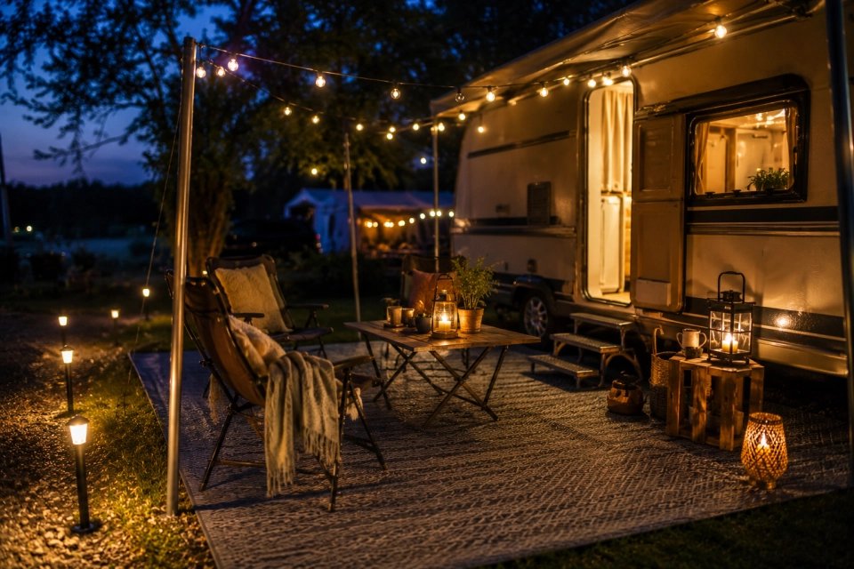 Sfeerverlichting met prikkabels en lantaarns bij een caravan op een camping in de avonduren