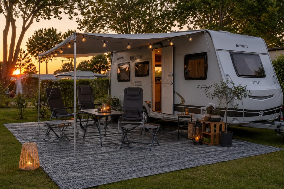Sfeervol ingerichte buitenruimte bij een caravan met vloerkleed en prikkabels bij zonsondergang