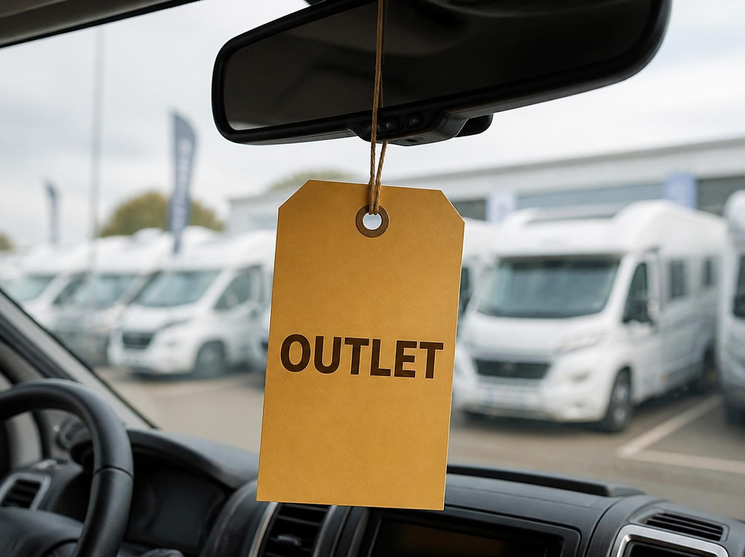 Outlet-prijskaartje aan de binnenspiegel van een camper
