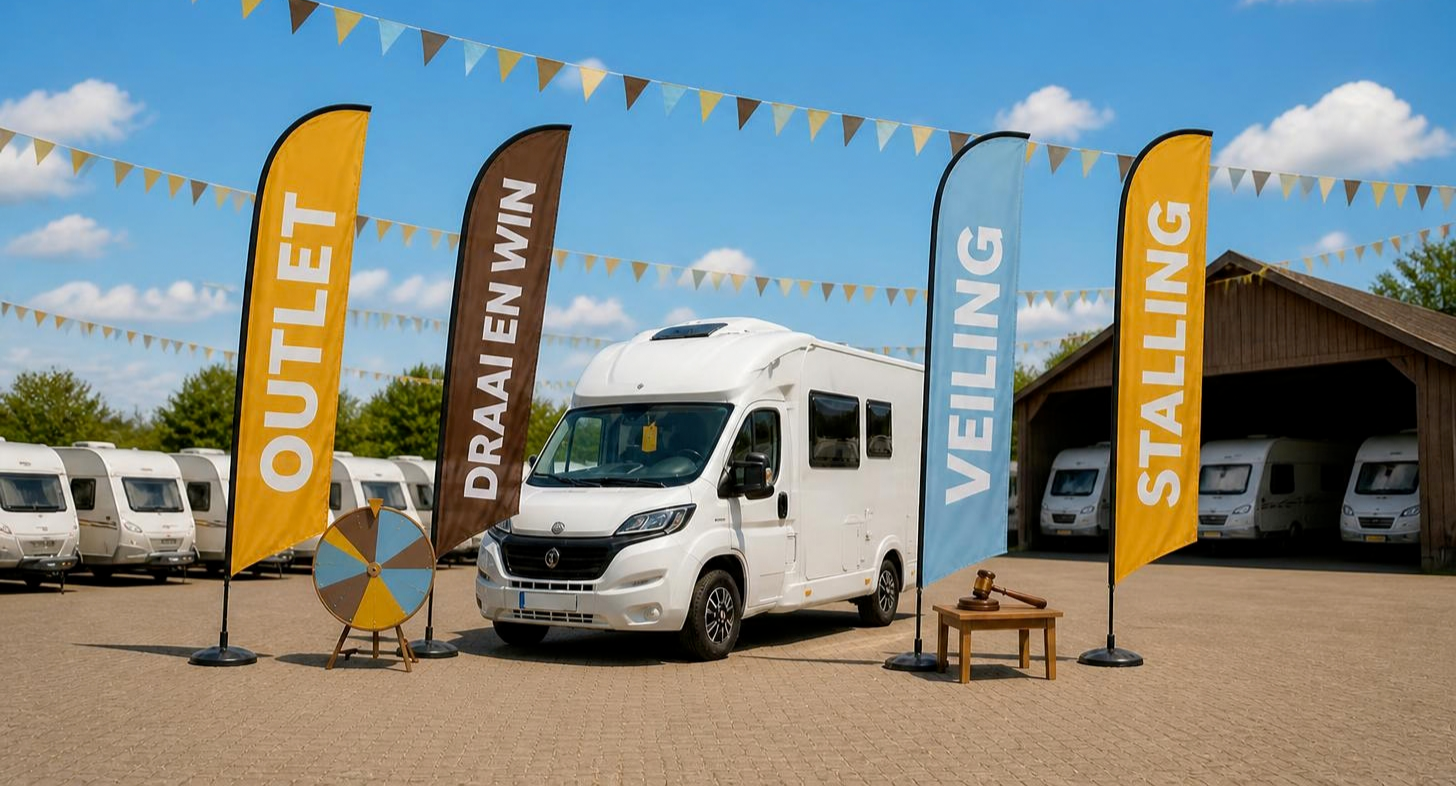 Vier vlaggen met OUTLET, DRAAI EN WIN, VEILING en STALLING rond een camper bij Mobile Drôme